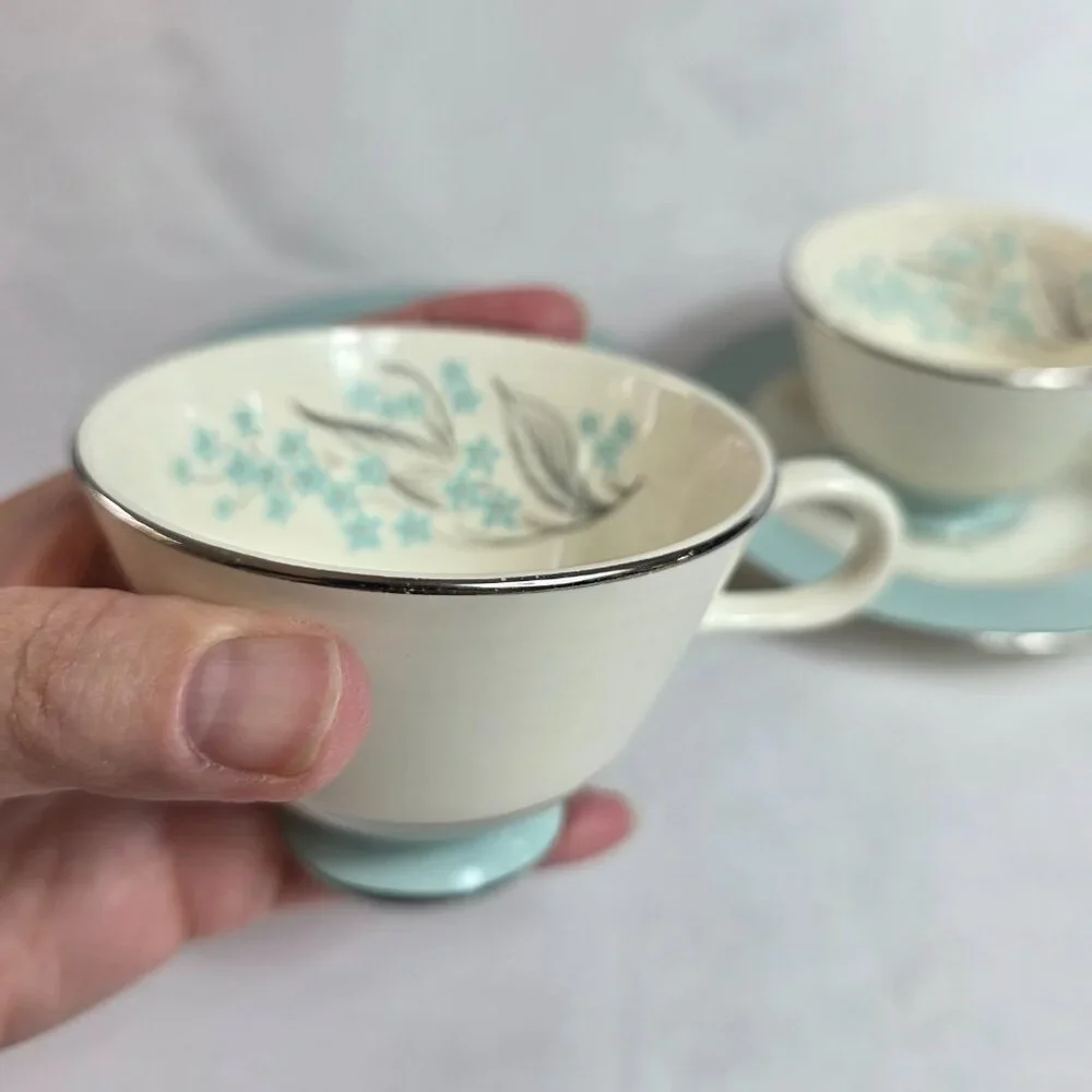 Sevron Blue Lace Gravy Cup & Saucer Sets Floral Center Aqua Blue Border